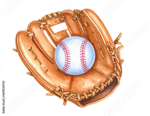 Watercolor baseball glove and ball illustration with leather mitt catching white baseball with red stitching, perfect for sports designs.