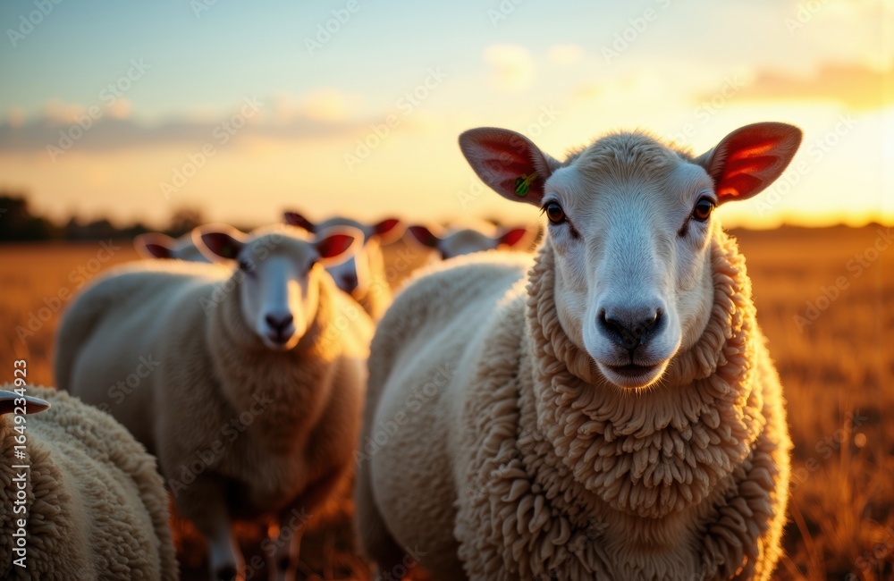 Fototapeta premium Woman sheep standing in a field during sunset with warm lighting and clear sky