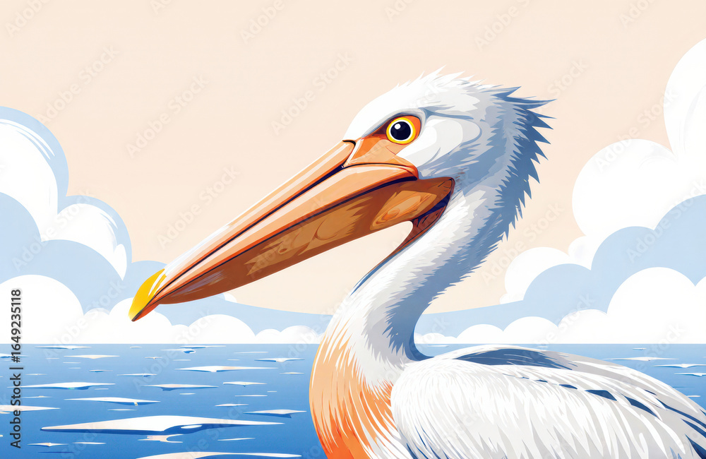 Pelican floating on water with sky and clouds in the background Pelican floating on water with sky and clouds in the background
