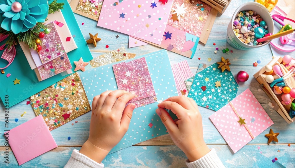 Fototapeta premium Childs Hands Crafting Christmas Decorations