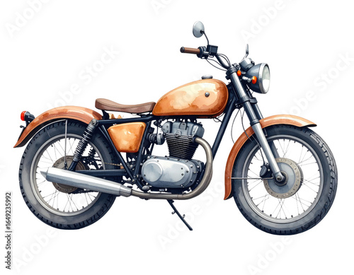 Classic vintage motorcycle with orange tank and chrome details in retro cafe racer style illustration