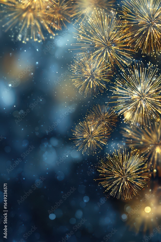 Naklejka premium Golden and blue abstract background with bokeh lights and fireworks
