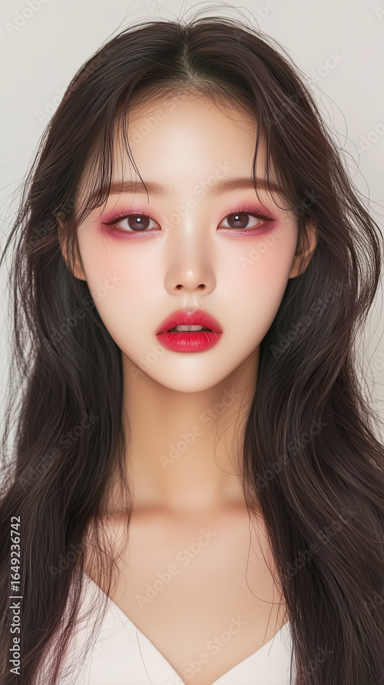 Fototapeta premium Korean model showcasing elegant makeup with soft pink tones in a close-up portrait