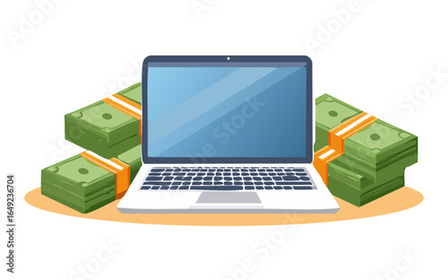 Earn Online Laptop surrounded by stacks of money symbolizing online business opportunities