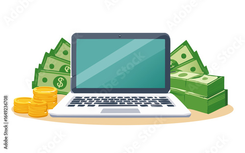 Online Business Growth Laptop Surrounded by Stacks of Money and Gold Coins