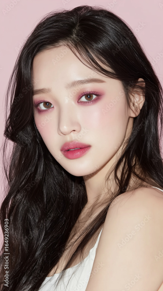 Fototapeta premium Korean woman with long black hair striking a confident pose against a pastel background