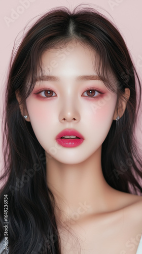 Captivating beauty with soft makeup and radiant skin in a pastel backdrop during a photography session