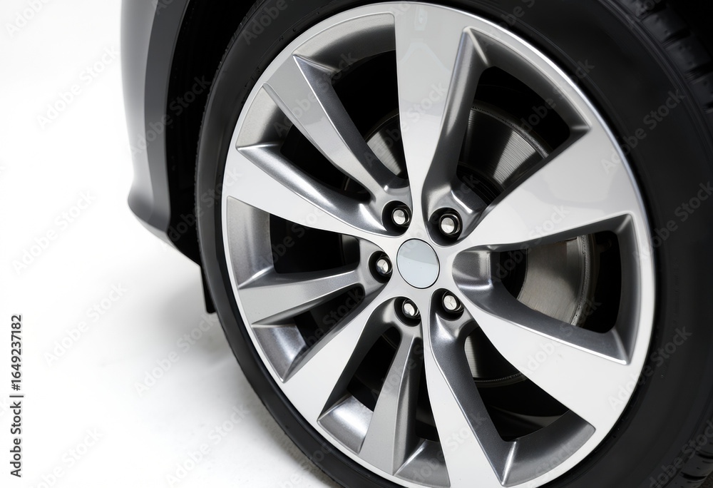 Fototapeta premium Close-up of a modern alloy car wheel with a sleek metallic finish and detailed rim design