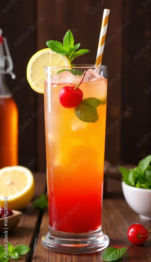 Fototapeta premium Colorful Layered Cocktail with Cherry, Lemon, and Mint Garnish