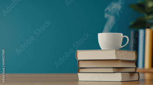 Steaming cup of tea resting on stack of books on wooden table with blurred bookshelf and plant in background