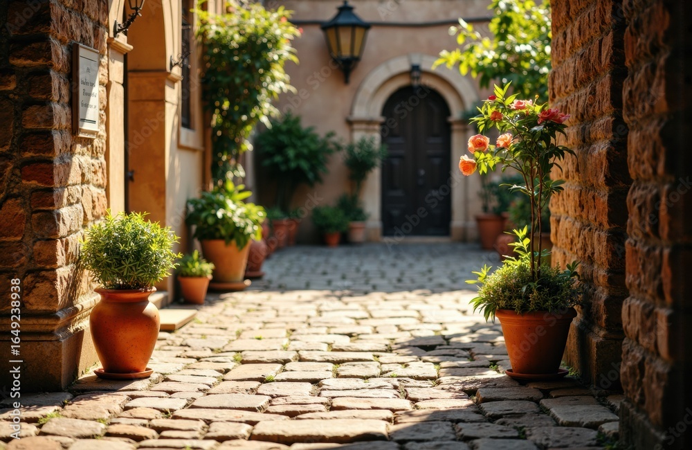 Obraz premium Colorful potted plants line a cobblestone alleyway leading to a charming door in a quaint European village