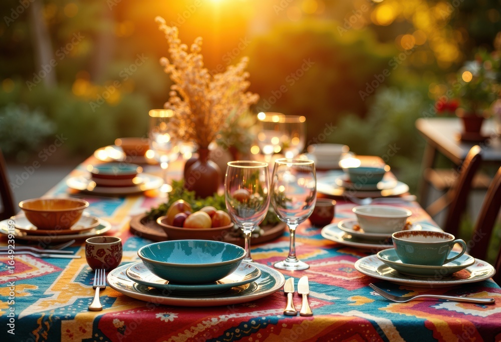 Fototapeta premium Elegant outdoor dining table set with colorful tableware and glassware at sunset