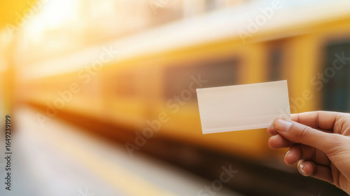 Person holding blank ticket card with yellow train blurred in background at station platform during sunset light