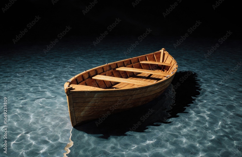 Obraz premium A wooden boat floats on calm water with gentle ripples and reflections
