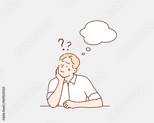 Curious man with Questioning Thoughts and Speech Bubbles. Hand drawn style vector design illustrations.