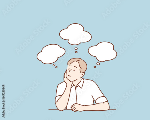 Overthinking male with Floating Ideas and Questions. Hand drawn style vector design illustrations.