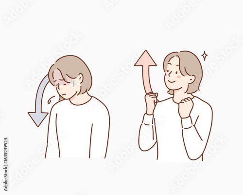 feeling up and down: flat male character emotions. Hand drawn style vector design illustrations.