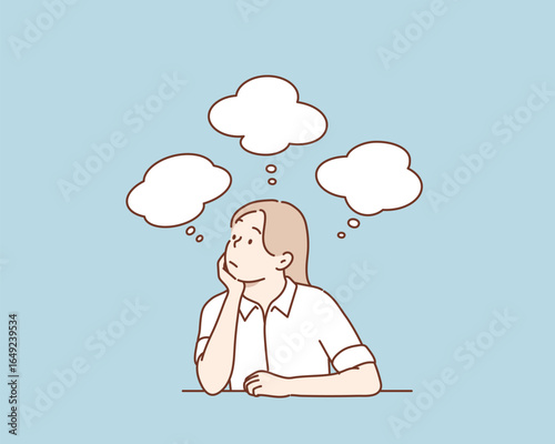 Overthinking Female with Floating Ideas and Questions. Hand drawn style vector design illustrations.