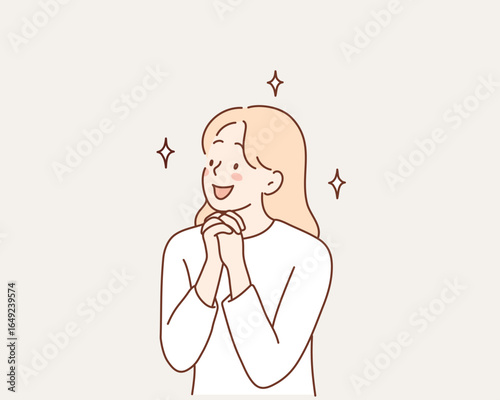 Hopeful Young Woman Making a Wish with Joyful Smile. Hand drawn style vector design illustrations.