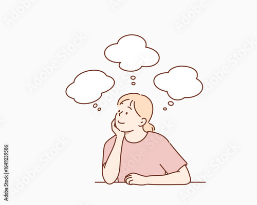 Positive Young Woman Thinking with Speech Bubbles Above. Hand drawn style vector design illustrations.