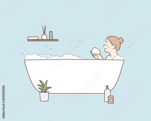 Woman Relaxing in Bathtub with Bubbles. Hand drawn style vector design illustrations.