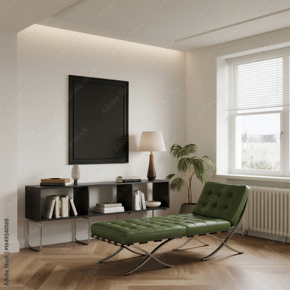 Fototapeta premium Modern living room with green daybed and black framed artwork
