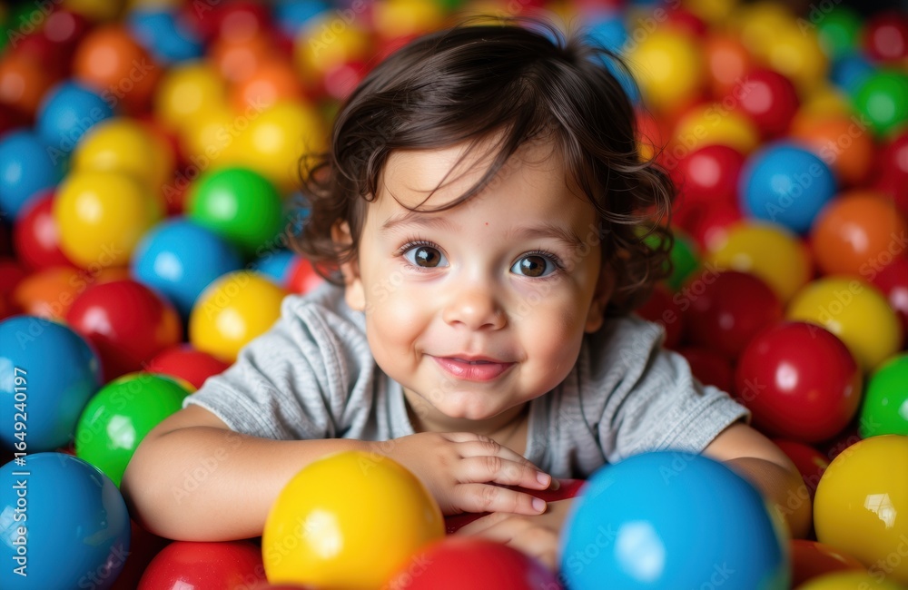 Obraz premium A young girl with dark curly hair smiling among colorful plastic balls in a ball pit