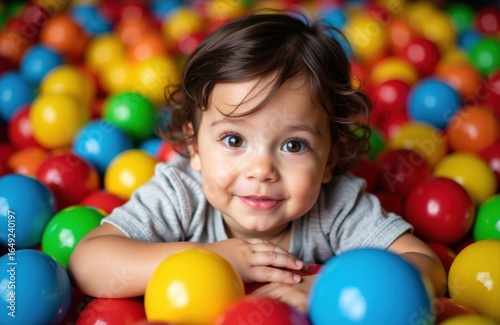 A young girl with dark curly hair smiling among colorful plastic balls in a ball pit