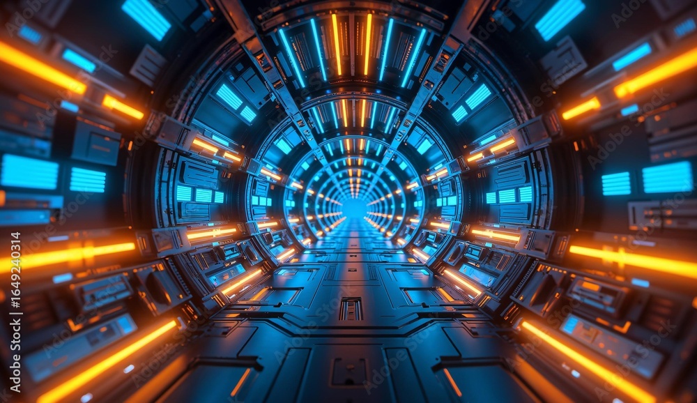 Fototapeta premium Futuristic Corridor with Neon Lighting and Symmetrical Design