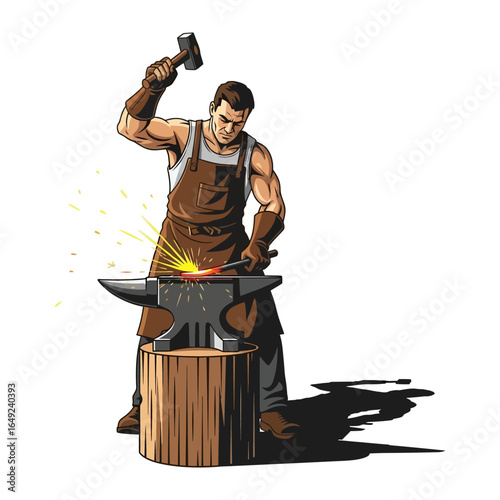 Mastering the Craft: A strong craftsman, hammer in hand, forges metal on the anvil with precision and skill, the sparks illuminating the art of creation.