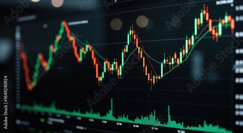 A fluctuating stock market candlestick chart with red and green indicators on a digital display screen.