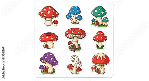 Cute Whimsical Cartoon Mushroom Fairy House Stickers, Fungi, Fantasy, Adorable, Illustrations, Collection, Vector, Game Asset