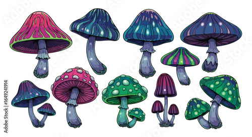 Vibrant Psychedelic Fantasy Mushrooms Vector Art Collection, Fungi, Wonderland, Glowing, Trippy, Magic, Nature, Organic, Illustration, Whimsical, Cartoon, Colorful