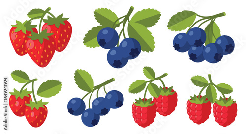 Sweet Fresh Berries Cartoon Style Graphic Assets Collection, Strawberries, Blueberries, Raspberries, Healthy, Organic, Summer Food