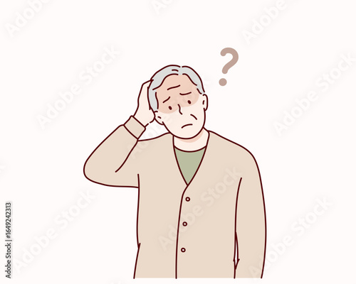 Confused puzzled bewildered senior man with doubtful surprised expression looking away. Hand drawn style vector design illustrations.