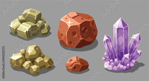 Cartoon Game Asset Collection: Gold, Crystals, and Meteorites, RPG, Fantasy, UI, Icon, Resource, Element