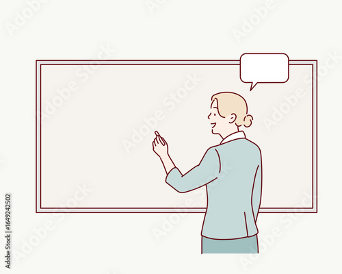 Teacher writing on chalkboard while giving lesson in classroom. Hand drawn style vector design illustrations.