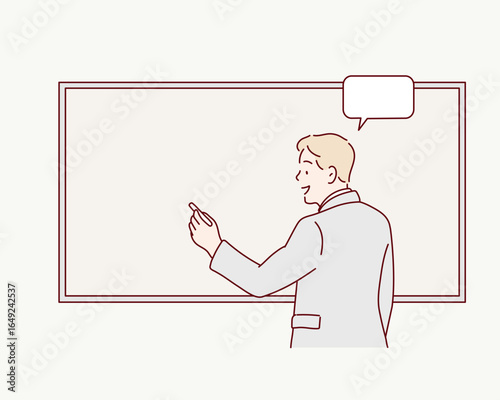 Teacher writing on chalkboard while giving lesson in classroom. Hand drawn style vector design illustrations.