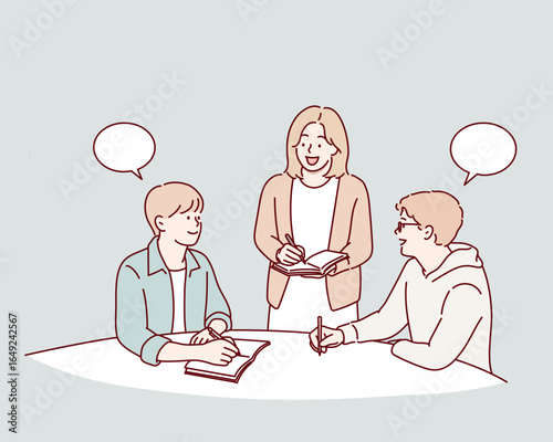 Teacher and students discussing together to solve problems in classroom. Hand drawn style vector design illustrations.