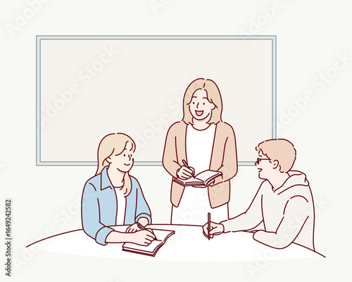 Teacher and students discussing together to solve problems in classroom. Hand drawn style vector design illustrations.