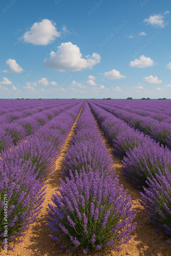 Obraz premium Vast Lavender Field Under Bright Blue Sky with White Clouds