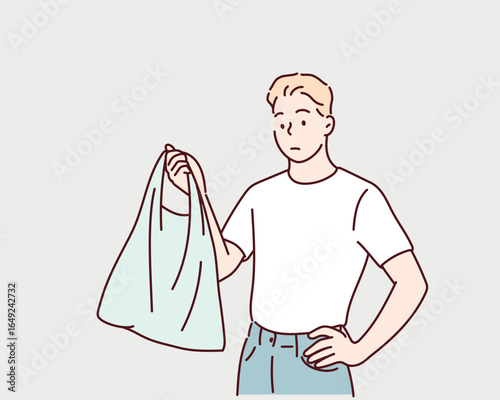 Young woman holding non recyclable plastic bag. Hand drawn style vector design illustrations.