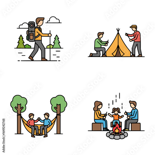 Flat style camping activity icons showing hiking, tent setup, hammock relaxation, and family campfire gathering in nature