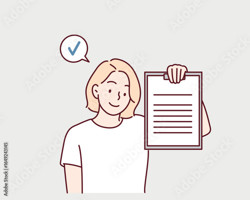 Young woman checking contract before signing.Hand drawn style vector design illustrations.