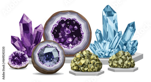 Luminous vector illustration of diverse mineral formations, Amethyst, Quartz, Pyrite, Geode, Gemstone, Geology