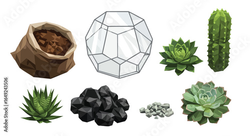 Terrarium and Succulent Planting Elements Collection, Succulents, Terrarium, Soil, Rocks, Cactus