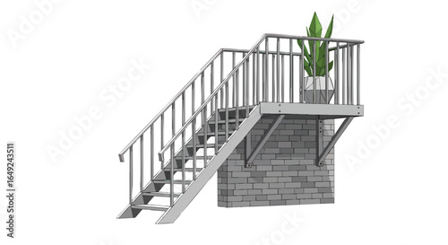 Modern outdoor metal staircase illustration with railing, Balcony, Plant, Brick, Architecture