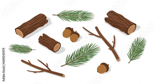 Isometric forest floor elements vector illustration pack, Wood Logs, Tree Branches, Pine Needles, Acorns, Natural, Forest, Woodland, Outdoor