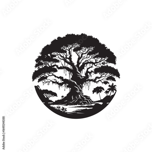 Photos Banyan Tree Silhouette in Black on White Background.