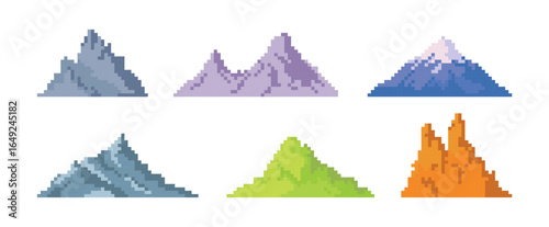 Pixel art of mountain set vector. Pixelated colorful mountain illustration.